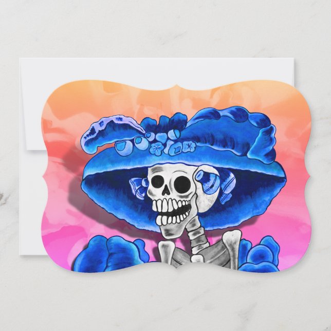 Invitación Día de los Muertos Calavera con Sombrero Azul (Anverso)