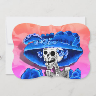Invitación Día de los Muertos Calavera con Sombrero Azul