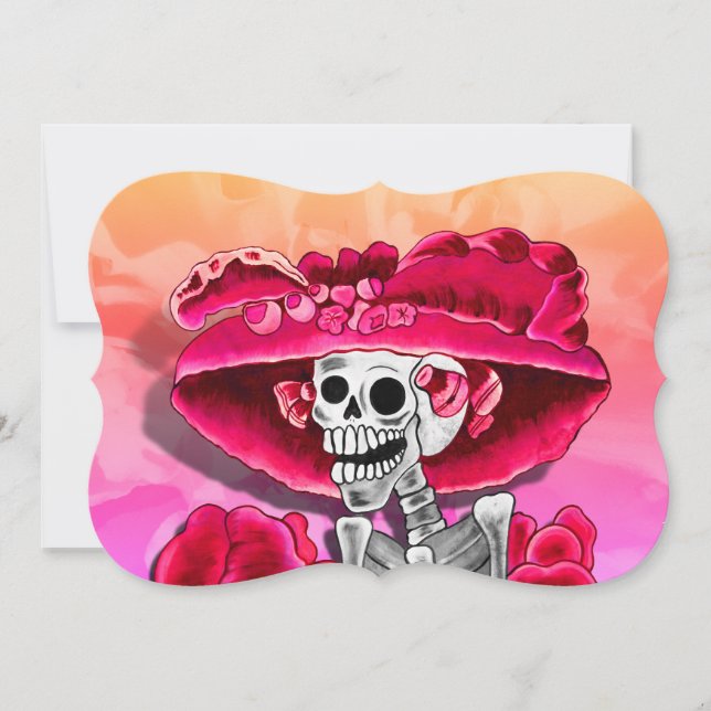 Invitación Día de los Muertos Calavera con Sombrero Rojo (Anverso)