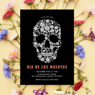 Invitación Día de los Muertos Calavera de Azúcar Floral Negro