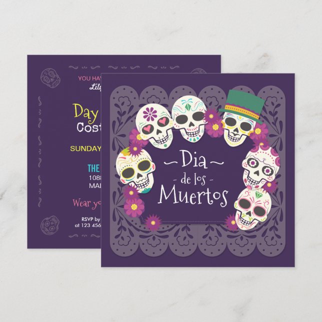 Invitación Dia de los Muertos: Calaveras florales rosas| Invi (Anverso / Reverso)