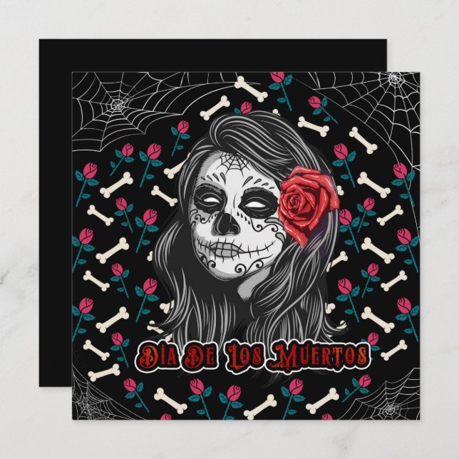 INVITACIÓN DIA DE LOS MUERTOS CHICA DE AZÚCAR CRÁNEO Y ROSAS  (Anverso / Reverso)