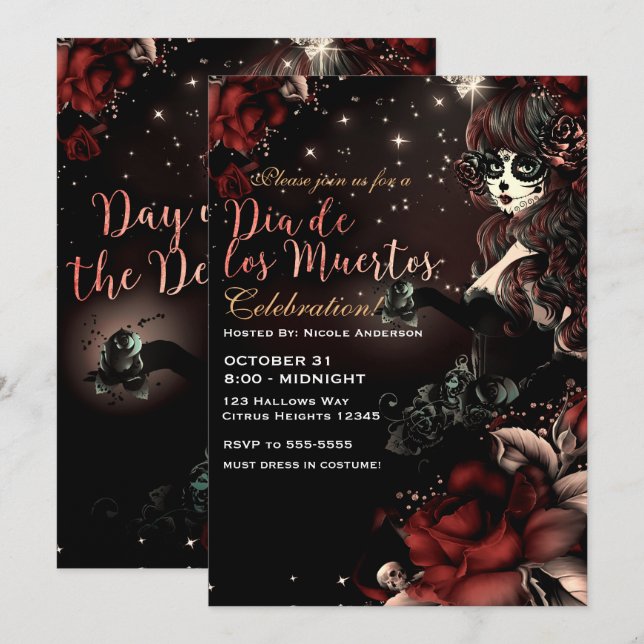 Invitación Día de los Muertos Día de los Muertos Negro Rojo (Anverso / Reverso)