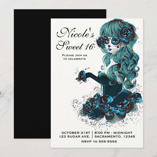 Invitación Día de los muertos, hermosa Chica de maquillaje de (Anverso / Reverso)