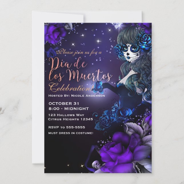 Invitación Día de los Muertos Morado Azul Morado (Anverso)