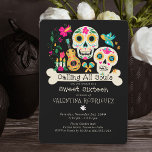 Invitación Día de los Muertos que llaman dulces a todas las a<br><div class="desc">Día de la Dulce Muerta 16 Invitación con calaveras de azúcar floral, arte folclórico mexicano, velas y hueso, con letras de Llamando a todas las almas. Dulce Dieciséis y el nombre del chica de cumpleaños está escrito en huesos y tipografía peculiar y la plantilla está lista para que usted personalizar...</div>