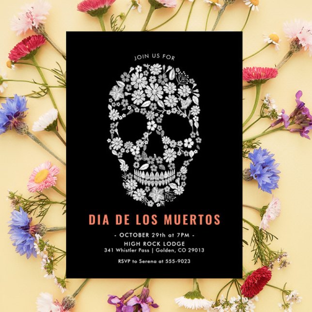 Invitación Dia de los Muertos Sugar Skull Floral negra (Subido por el creador)
