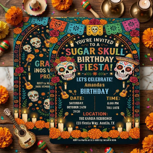 Invitación Día de Muertos Cumpleaños de Azúcar Floral Cráneo