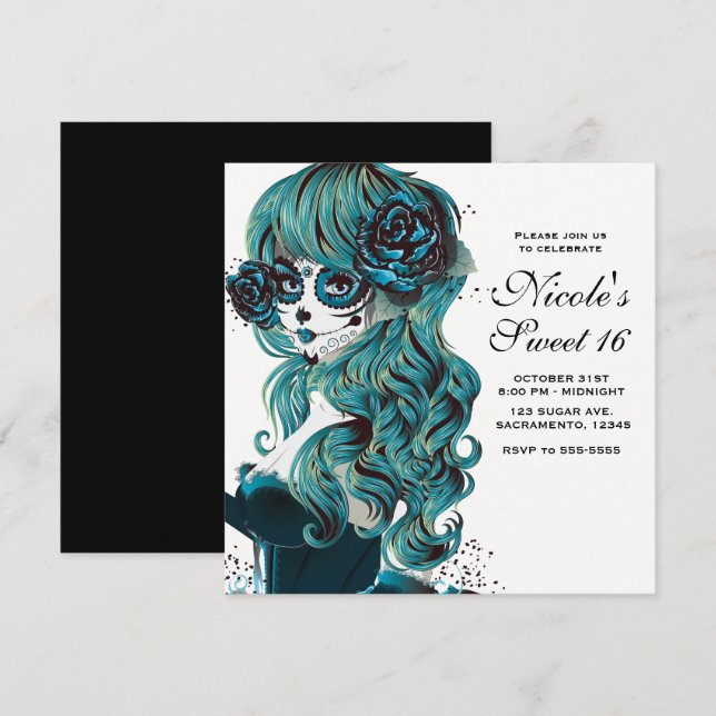 Invitación Día de Muertos Hermoso Azúcar Cráneo Dulces 16 (Anverso / Reverso)