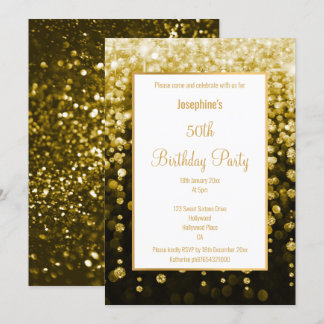 INVITACIÓN DÍA DE NACIMIENTO DE PURPURINA NEGRO Y ORO IMPRESI