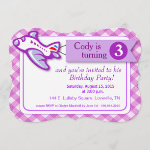 Invitación Día de nacimiento del avión banner de Gingham  lav