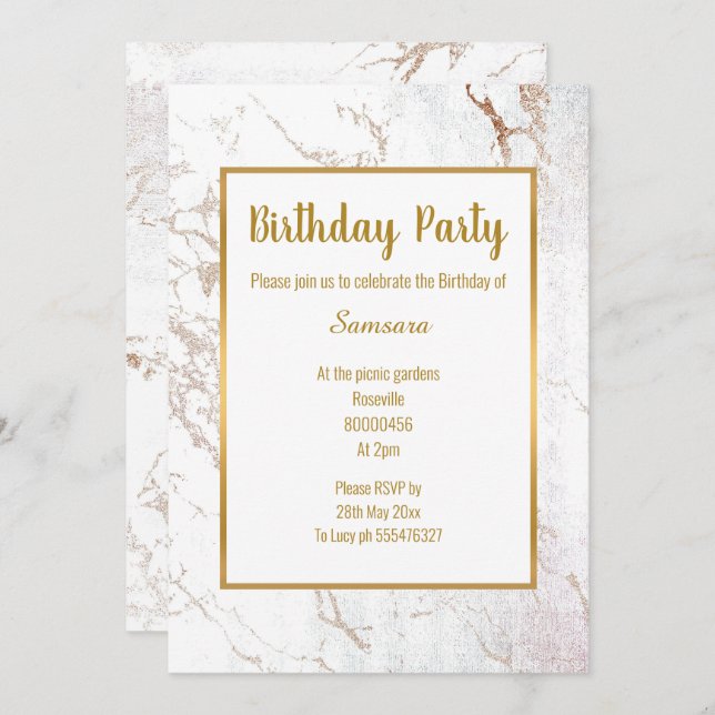 Invitación DÍA DE NACIMIENTO doble de oro Rosa de mármol blan (Anverso / Reverso)