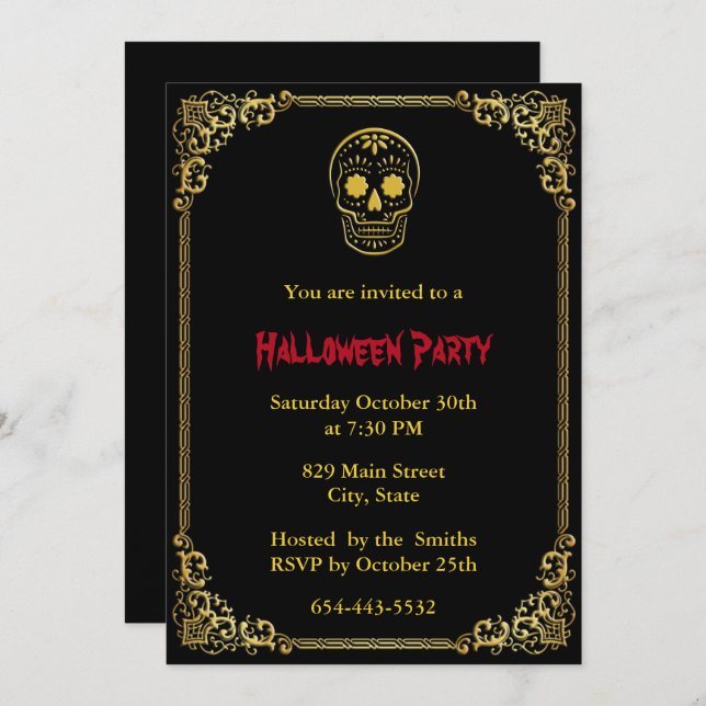 Invitación Día De Oro De Halloween De Cráneo De Azúcar Muerto (Anverso / Reverso)
