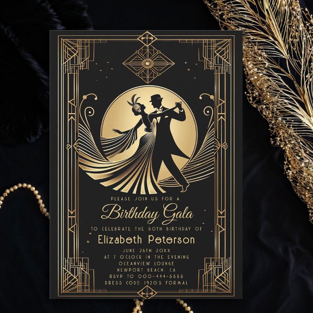 Invitación Día de prohibición de gatsby en Art Deco (art deco 1920s gatsby roaring dance dancing couple gold black adult birthday party invitation)