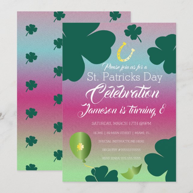 Invitación Día de San Patricio Celebración Trébol Brillo (Anverso / Reverso)