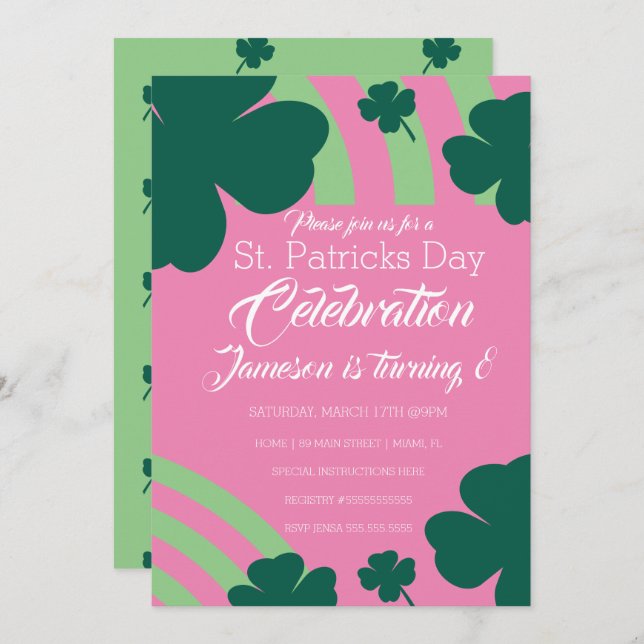 Invitación Día de San Patricio Celebración Trébol Verde Arcoí (Anverso / Reverso)