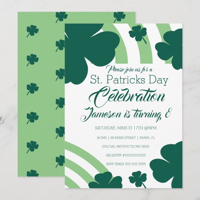 Invitación Día de San Patricio Celebración Trébol Verde Arcoí (Anverso / Reverso)