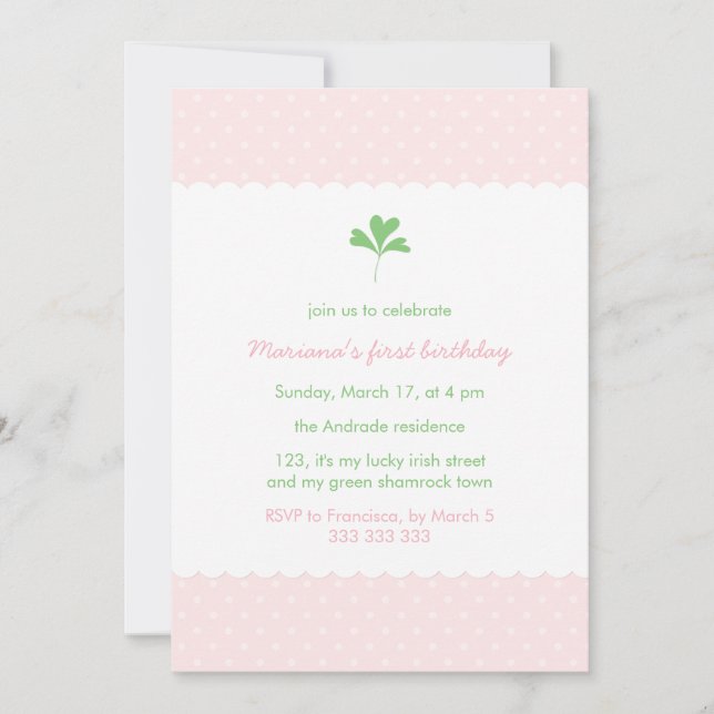 Invitación Día de San Patricio Chica de cumpleaños Rosado Gre (Anverso)