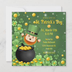 Invitación Día de San Patricio Duendes Trébol y Oro