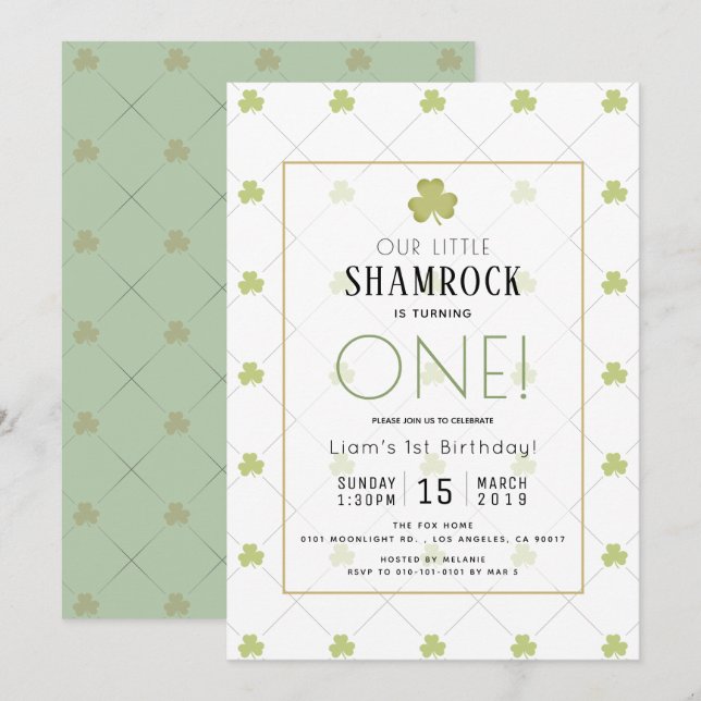 Invitación Día de San Patricio Verde limpio primer cumpleaños (Anverso / Reverso)