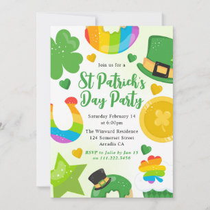 Invitación Día de San Patricio verde lindo, dorado y arcoíris