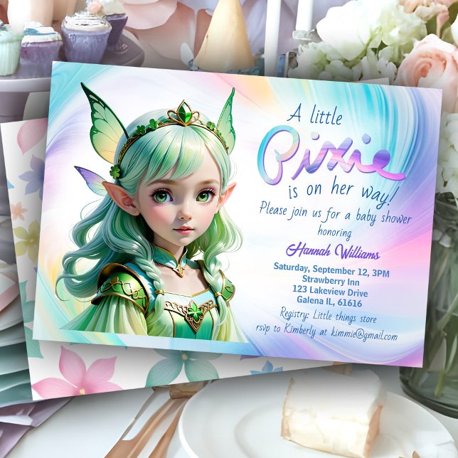 Invitación Día de San Patrón Baby Shower Leprechaun Chica Cel (St. Patrick's Day rainbow baby shower invitation with cute Celtic girl in green Irish fairy dress)