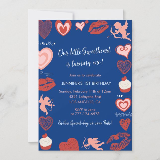 Invitación Día de San Valentín 1er cumpleaños Rosa Rojo Azul  (Anverso)