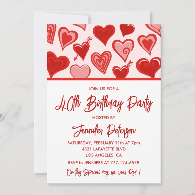 Invitación Día de San Valentín cumpleaños 40 rojo corazones r (Anverso)