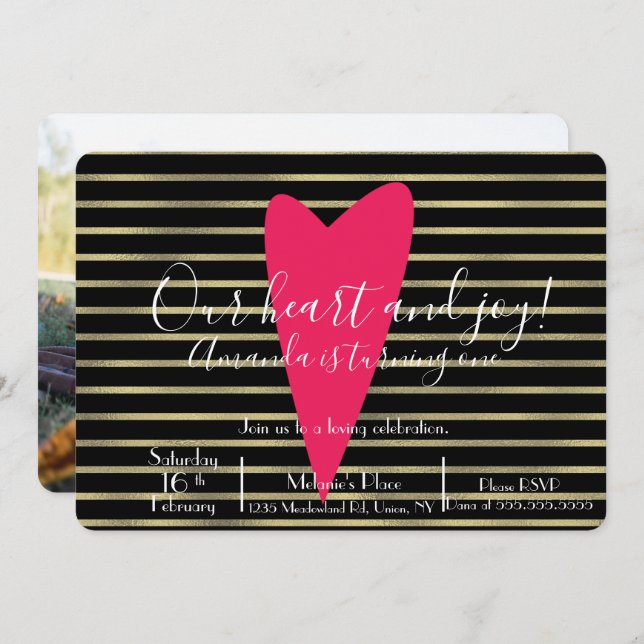 Invitación Día de San Valentín Cumpleaños Corazón Foil Rayado (Anverso / Reverso)