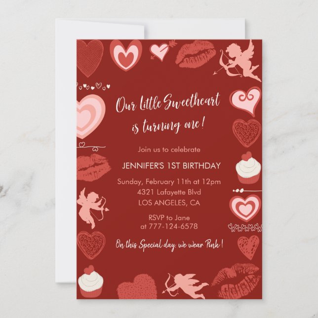 Invitación Día de San Valentín cumpleaños número 1 Febrero Ro (Anverso)