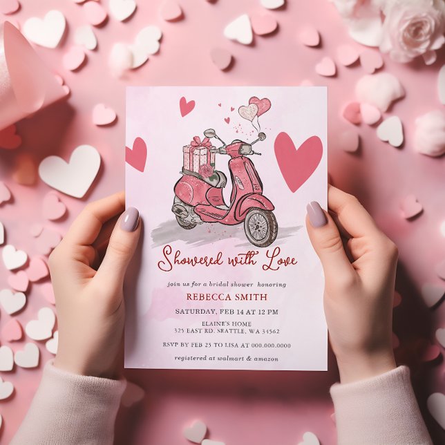 Invitación Día de San Valentín  de Corazones Esculpidas Rosa (Pink Scooter Hearts Valentines Day Bridal Shower Invitation)