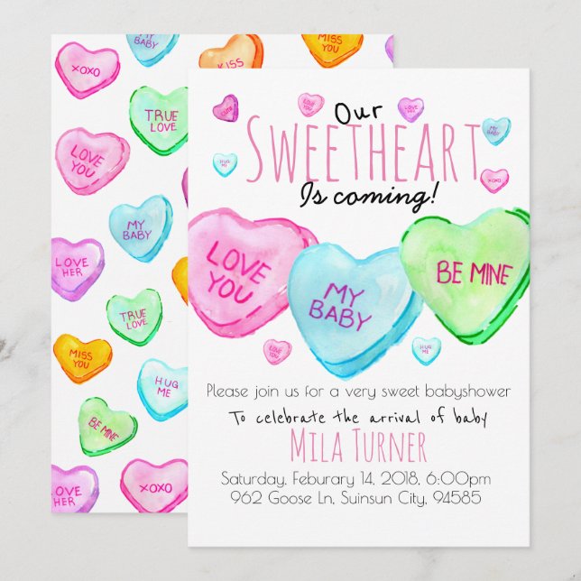 Invitación Día de San Valentín dulce caramelo bebé ducha invi (Anverso / Reverso)