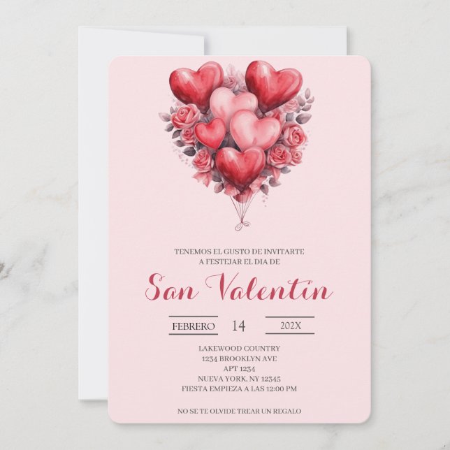 Invitación Día de San Valentín español con corazones (Anverso)