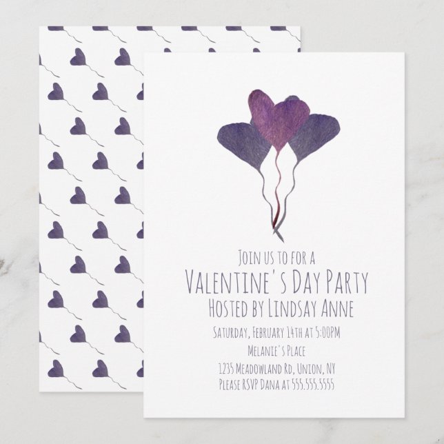 Invitación Día de San Valentín Fiesta Corazón Acuarela Púrpur (Anverso / Reverso)