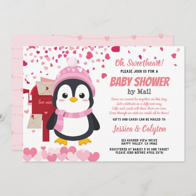 Invitación Día de San Valentín Penguin Chica Baby Shower Por  (Anverso / Reverso)