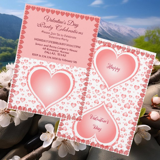 Invitación Día de San Valentín rosado Pastel Fiesta Lluvia Co (Pastel Pink Valentines Day Party Raining Hearts Invitation)