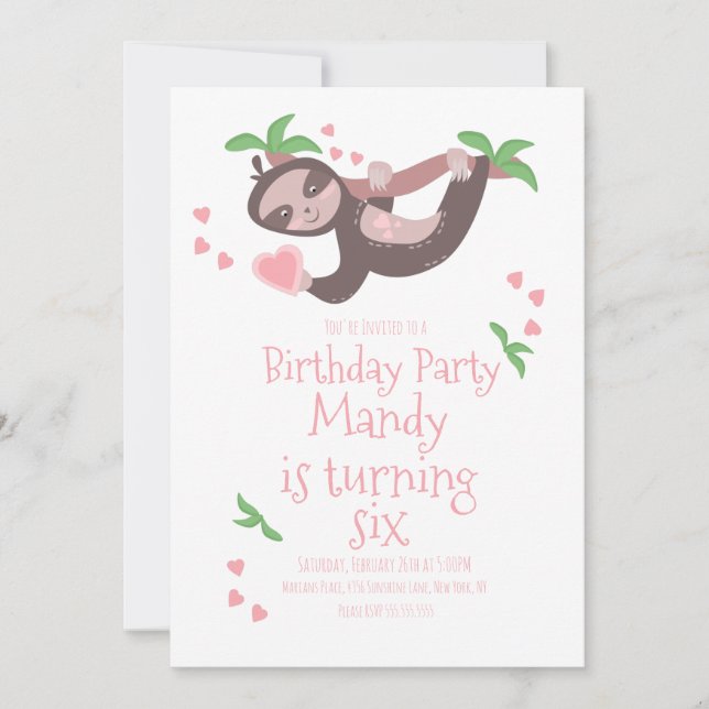 Invitación Día de San Valentín Sloth Birthday Party Hearts (Anverso)