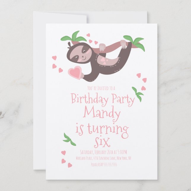 Invitación Día de San Valentín Sloth Birthday Party Hearts Pi (Anverso)