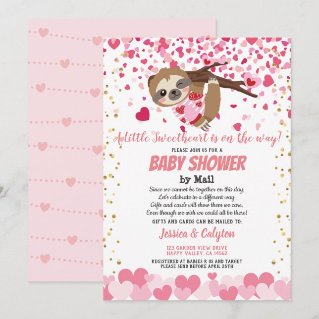 Invitación Día de San Valentín Sloth Chica Baby Shower Por Co (Anverso / Reverso)