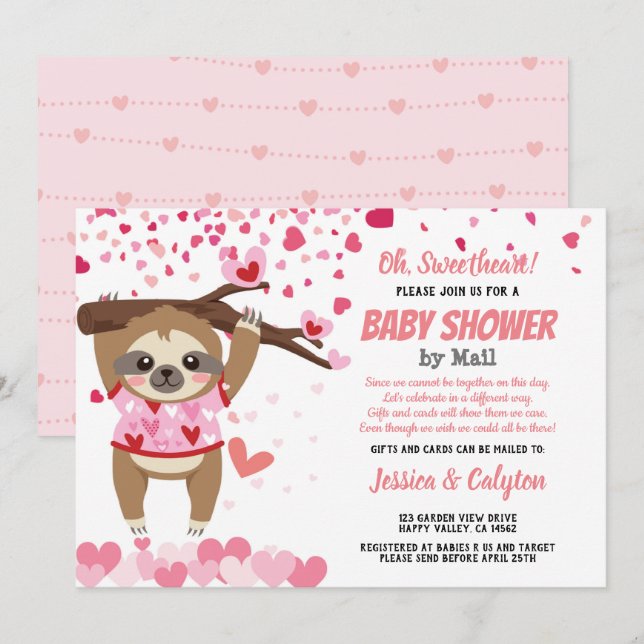 Invitación Día de San Valentín Sloth Chica Baby Shower Por Co (Anverso / Reverso)