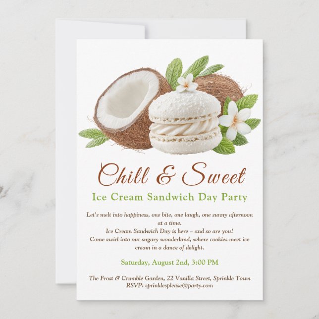Invitación Día de Sándwich de Helado de Coco al Acuarela (Anverso)