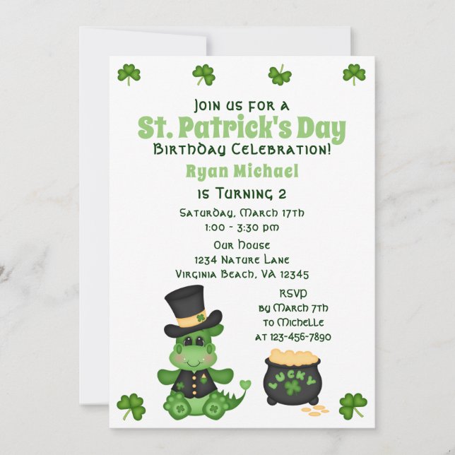 Invitación Día del Aniversario del Niño Tragón San Patricio (Anverso)