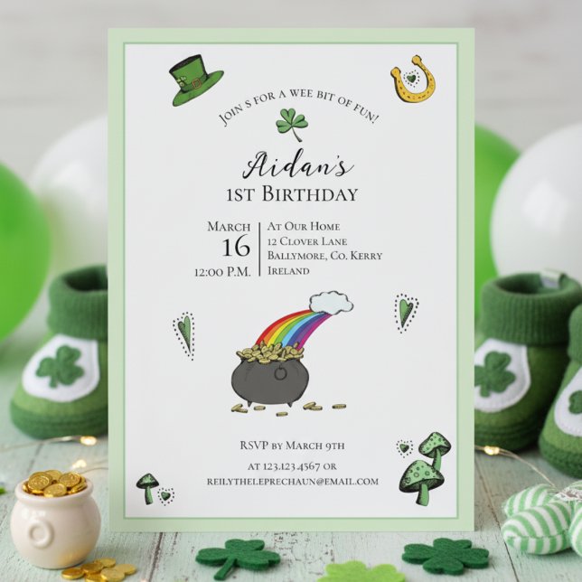 Invitación Día del Arcoiris Verde Día del Santo Patrocinador  (Irish First Birthday Rainbow Invite. Green Shamrock Pot of Gold St Patrick's Day 1st Birthday Party)