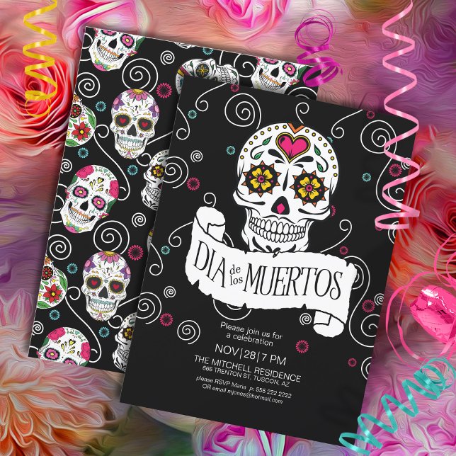 Invitación Día del Azúcar Muerto se desploma Negro ID725 (Front/Back In Situ)