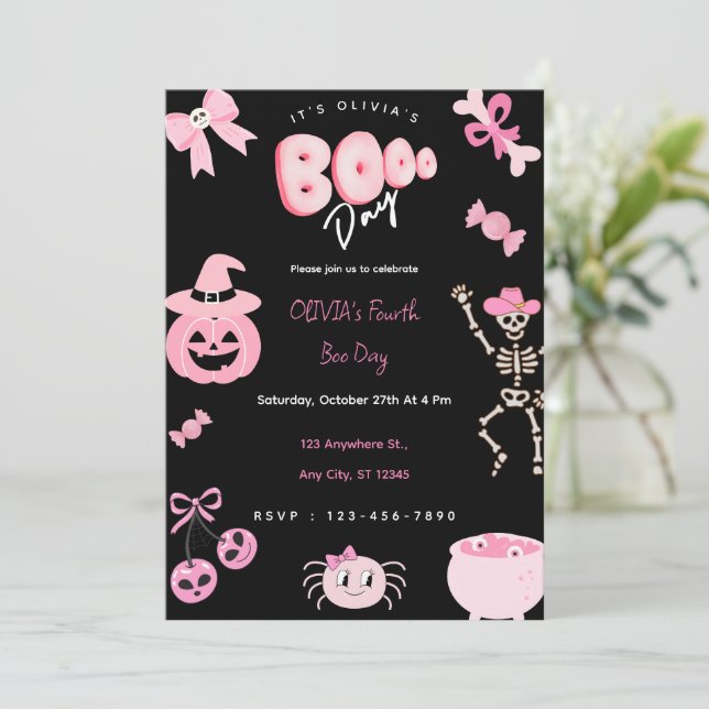 Invitación Día del Chica de cumpleaños de Halloween rosa (Anverso de pie)