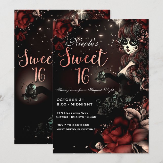 Invitación Día del Chica Muerto Dulce Rojo Negro 16 Fiesta (Anverso / Reverso)