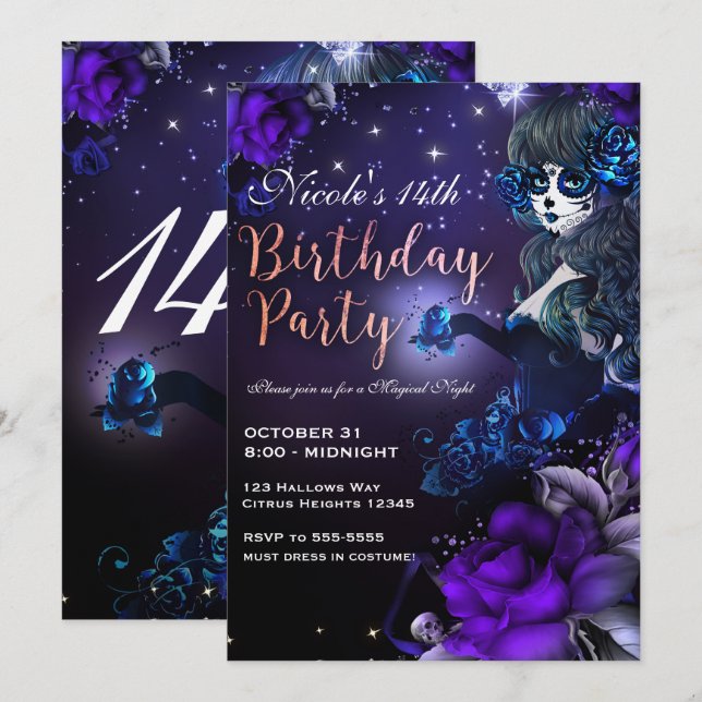 Invitación Día del Chica Muerto Fiesta del Cumpleaños Azul Mo (Anverso / Reverso)