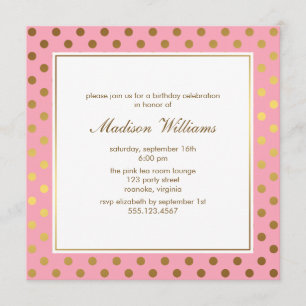 Invitación Día del cumpleaños del polka rosa y dorado