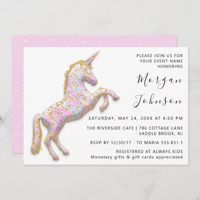 Invitación Día del Cumpleaños del Unicornio Rosa Dios Caballo (Anverso / Reverso)