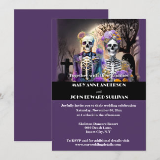 Invitación Día del esqueleto boda gótico morado amarillo muer